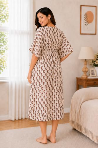 Image of Noty Women's- Kaftan | Maxi | Maternity | Feeding | Delivery Gown- Cotton Fabric- V Neck | Floral Print | 2 Pockets | Midi