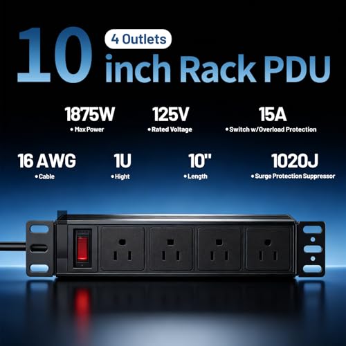 NodeQore 10 inch Rack PDU, 4 tomas traseras, protección contra sobrecarga de 15A y supresor de picos de 1020J, montaje en rack 1U para gabinetes y racks de 10'' mini servidor, cable de 1.83 m miniatura 3