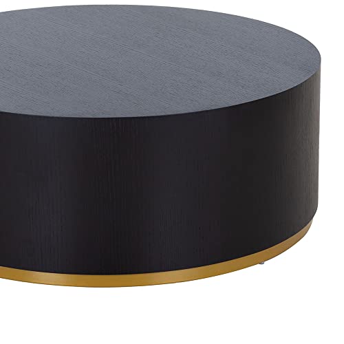 Nallbeirraa Black Round Coffee Table With Gold Rim Bottom, Round Wood Barrel End Table Side Table For Living Room Bedroom Office Studio, Fully Assembled (Black-35.1'') #TOP5