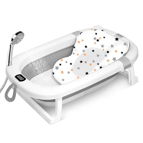 SKY-TOUCH Baby Foldable Bathing Tubs with Soft Bathmat Cushion & Thermometer NewBorn Babybath Tub with Drain Hole Non-Slip Support Leg for 0-6 Years Boy Girl (Grey)