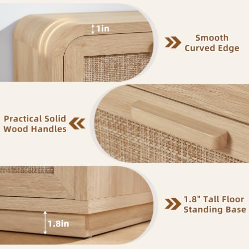 Image of LEYAOYAO Rattan 6 Drawer Dresser for Bedroom, Natural Wood | Boho 49 inch Wide Curved Dressers & Chests of Drawers with Solid Wood Handle & 5 inch Deep Drawers & Anti-Tip Safety