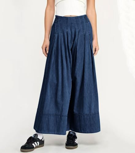 chouyatou Women's Flare Wide Leg Denim Pants Smocked Elastic Waist Pleated Culotte Jeans Boyfriend Baggy Jeans2