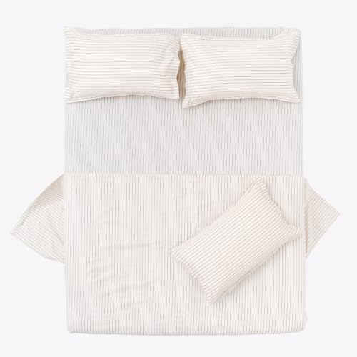 Image of Haus & Kinder Double Bed Bedsheet 90 x 100 | 186 TC Pure Cotton Bed Sheet Double Bed with 2 Pillow Covers | Queen Size Bed Sheet | Sumi Stripe Ink