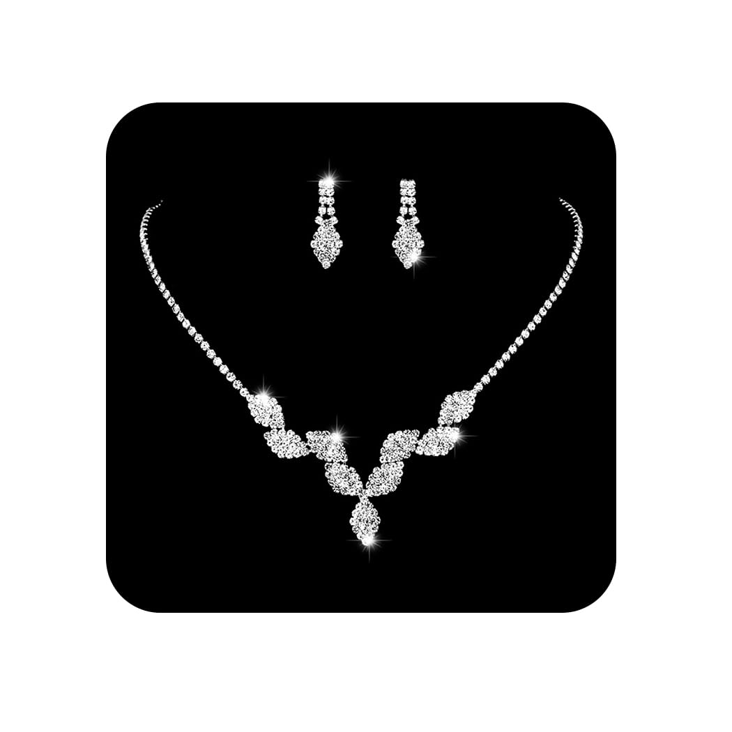 Unicra Juego de collar y aretes de novia de plata para novia, juego de joyas de boda con diamantes de imitación para mujeres y niñas