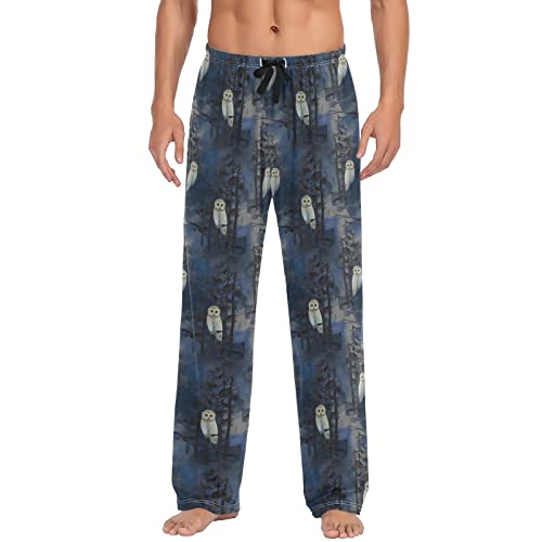 Pantalon de pyjama doux homme motif hibou nuit vintage à coupe longue avec poches