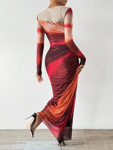 Image of LIGHT DOT Women's Printed Bodycon Maxi Dress Long Sleeve Tie Dye Mesh Ruched Cocktail Dress