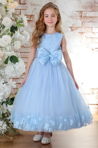 Tulle Flower Girl Dresses for Wedding with Appliques Pageant Dresses Crewneck Sleeveless Formal Ball Gown with Bow4