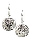 Sand Dollar Sea Cookie Charm Earrings, Handmade Antique Silver Coastal Beach Cake Urchin Dangle Jewelry