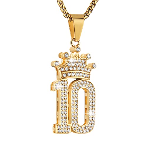 AsAlways 18K Gold Plated Crown Number Necklace for Men Women Hip Hop Bling Cubic Zirconia Lucky Numbers Pendant Necklace Jewelry Gift