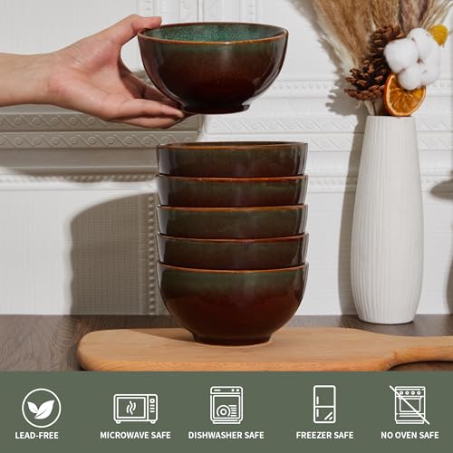 Image of 5.5 inch Stoneware Cereal Bowls Set of 6, 22 Oz Soup Bowls Set | Reactive Glaze Cereal Bowls Set for Cereal Soup Snacks, Kitchen Bowls for Meal, Dishwasher & Microwave Safe, Brown and Green