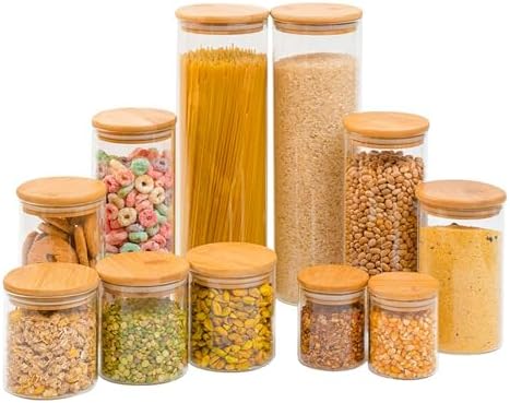 Kit 11 potes de vidro com tampa de bambu herméticos redondos - Tü...