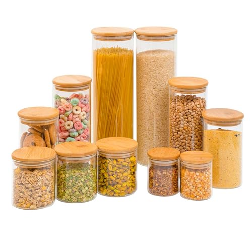 Kit 11 potes de vidro com tampa de bambu herméticos redondos - Tü...