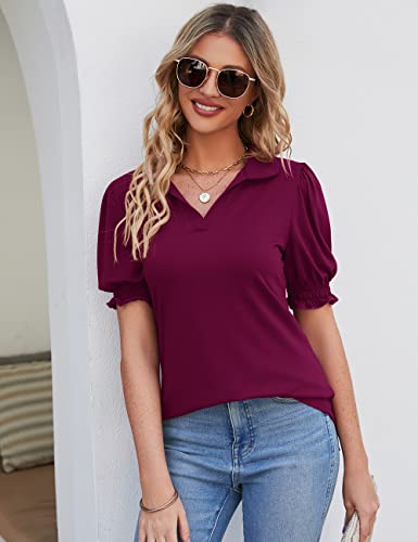 Micoson Puff Sleeve Collared Shirt For Women Short Sleeve V Neck Cotton Tunic Blouse Ladies Work Polo Shirts Fuchsia L #TOP5