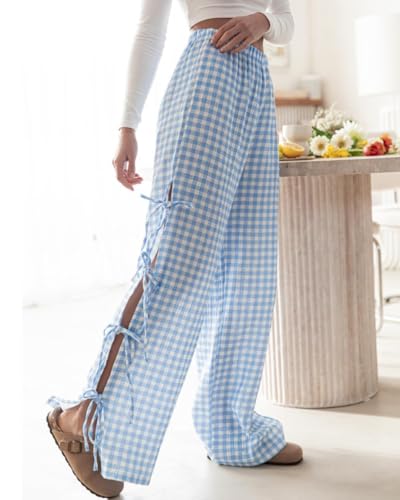 Image of codcm Womens Gingham Striped Wide Leg Pants Y2k Lounge Pants Lace Up Loose Trousers