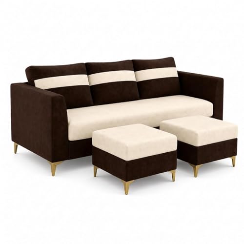 Image of FURNY Nova 5 Seater L Shape Sofa Set with 2 Movable Ottoman | Flexible Left or Right Layout | Plush Velvet Fabric (Dark Brown-Cream) | Perfect for Living Room, Guest Room & Office