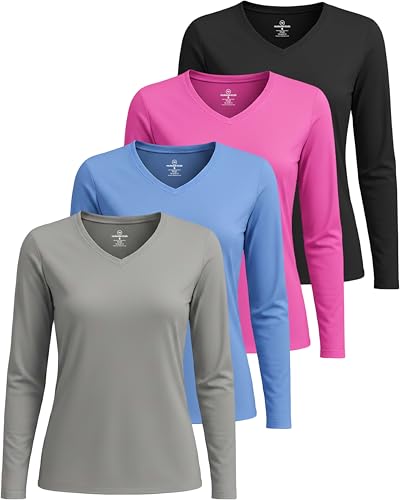 Real Essentials 4 Pack: Women's Long Sleeve Dry Fit V-Neck Athletic T-Shirt Workout Tops Active Gym Shirt (Plus