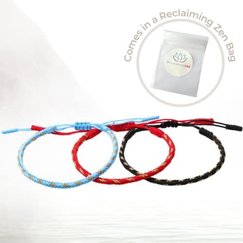 Tibetan Buddhist Handmade Lucky Knot Rope Bracelet (Set of 3 - Light Blue, Red, Black)