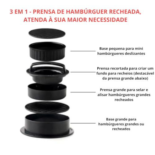 Forma Para Moldar Hambúrguer Artesanal Profissional Pequenos E Grandes Recheado 3 em 1 Hamburguer Ca