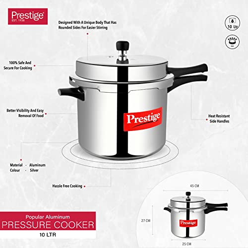 Prestige Popular Aluminium Outer Lid Pressure Cooker, 10 Litres, Silver