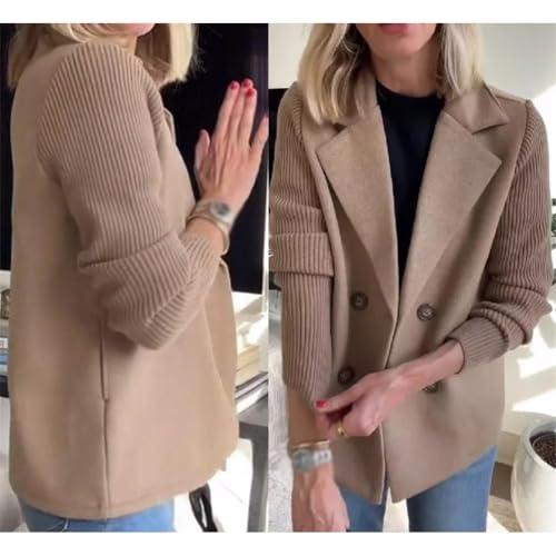 Women's Lapel Button Knitted Patchwork Sleeve Casual Coat Cropped, Cropped Double Breasted Blazer Women Sweater2