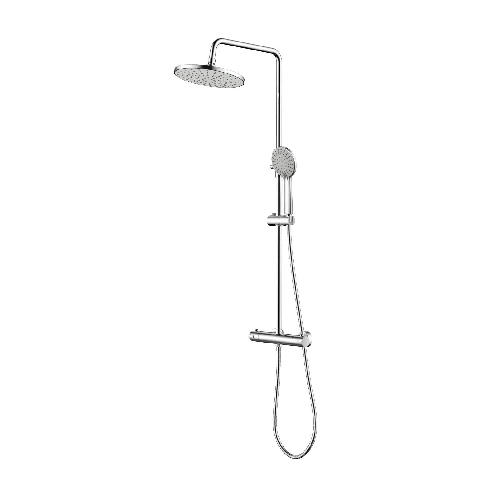 KOMIRO Duschsystem mit Thermostat, 23 x 23 cm Regendusche, Duscharmatur mit Thermostat, 5 Strahlarten Handbrause, Duschstange Edelstahl Regenwalddusche Komplett für Duscheset, Chrom