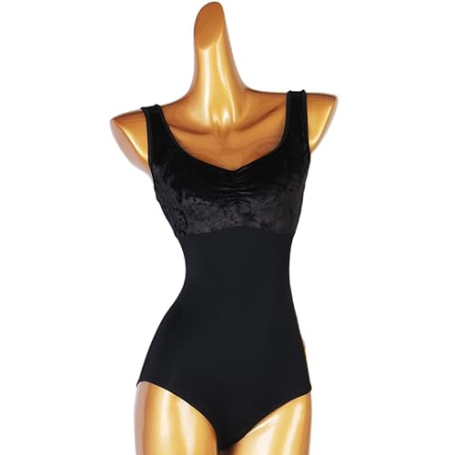 ZYDANC Velvet Ballroom Dance Practice Dresses Suspenders Latin Salsa Tops Gymnastic Leotard Cha Cha Jumpsuits,Black,XL