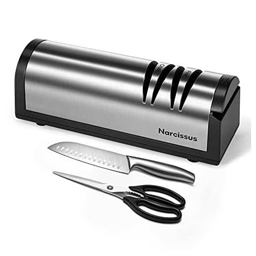 Narcissus Knife Sharpener, 2 Stage Electric Knife Sharpener for Home, 15 Degree Quick Sharpening, with Scissors Sharpener and Metal Dust Collection Box, Work Continuously