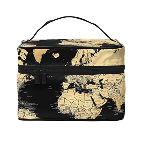 Trousse de maquillage femme grande capacité noire motif carte du monde portable