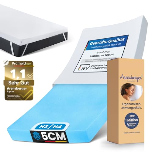 Arensberger Matratzen Topper 90x200cm | Höhe 5cm Essence | Härtegrad H4 H3 | Geltopper Matratzentopper mit waschbarem Bezug | kühlende Matratzenauflage | für Federkern und Schaumstoffmatratzen