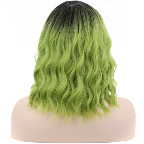 Image of BERON Ombre Green Women Girls Wig Short Curly Wavy Middle Part Wig 14 inch Ombre Color Body Halloween Cosplay Daily Party Wigs