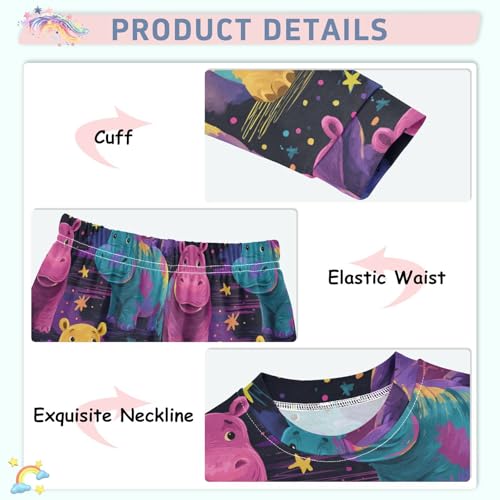 Pajama Sets Long Sleeve Colorful Hippo Pattern Artwork Soft Comfy Sleepwear 2 Piece PJS 3-8T4