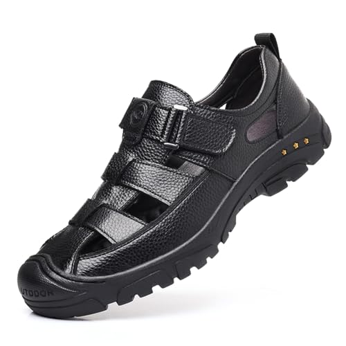 Image of Men's Genuine Leather Fisherman Sandals Closed Toe Anti-Slip Platform Adjustable Hook & Loop Strap Summer Hollow Sandals for Casual Outdoor Travel