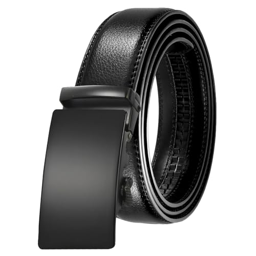 Image of JINIU Men's Ratchet Belt Buckle, Black Genuine Leather Slide Belt for Men Dress Suit, Micro Adjustable Trim to Fit Boxed