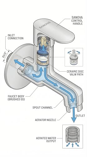 Image of Sanova Opal Heavy Duty Longbody Cock | Brass Cartridge | Steel Body | Heavy Handle | Chrome Finish | Wall Mounted Kitchen Sink Faucet
