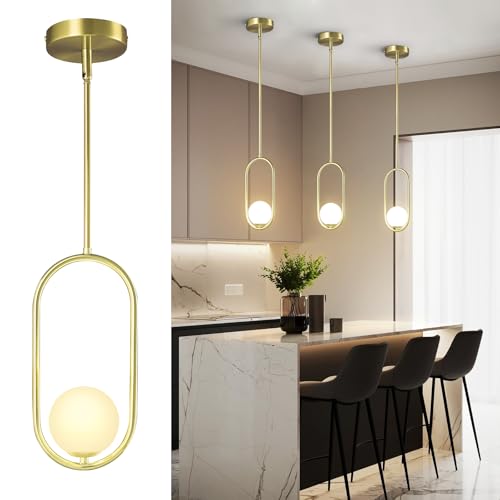 FDPBY Modern Gold Globe Pendant Light Mid Century Chandelier 1-Light Ceiling Hanging Lighting Fixture with White Globe Glass Lampshade for Kitchen Island Dining Room Bedroom (3 Pack)