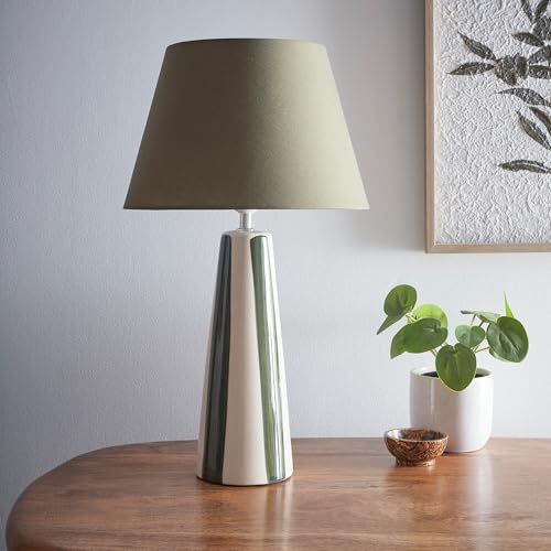 Tall Ceramic Striped Table Lamps with Painted Stripes and Matching Lampshades, Available in Four Colours (Green)