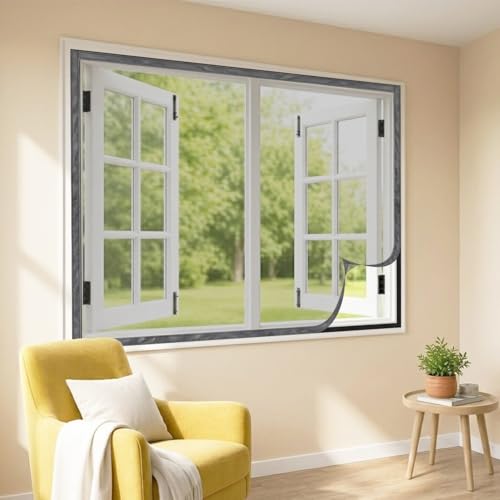Image of LifeKrafts Standard Size Pre-Stitched Polyester Window Mosquito Net | 80 GSM, Readymade with Self-Adhesive Hook Tape | Fits All Window Types | 60x180cm /24x71 Inches /1.97x5.91 Feet, Color-Grey