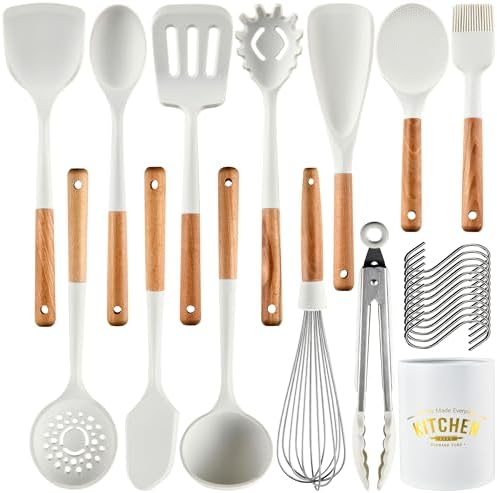 Silicone Cooking Utensil Set Heat Resistant,13 Piece Wood Handle For Nonstick Cookware Utensils set (BPA Free),Cooking Tools Set,Turner Tongs,Spatula,Spoon,Brush,Whisk -White