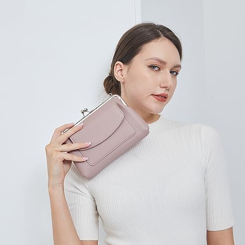 Genuine Leather Small Shoulder Bag for Women Kiss Lock Fashion Phone Purse (Pink)3
