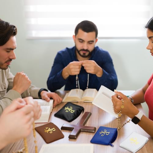 Image of Dansydaisy 4 Pcs Rosary Pouch Catholic with Gold Cross PU Leather Rosary Case for Women and Men Coin Purses Holder Zipper Bag for Travel Christmas, 4 Colors(Vintage Colors,Chi Rho)