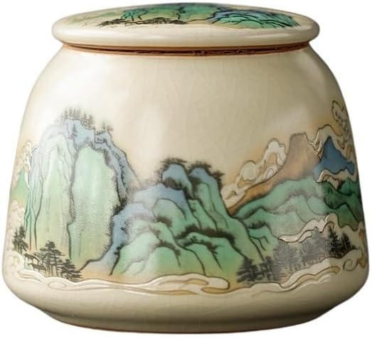 SONGCHAO Sugar Jar Beige Ru Kiln Ceramic Tea Caddy, Small Size, Green Pu'er, Red and Leaves, Sealed Incense Powder Tea Canister