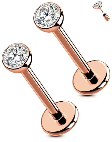OUFER 2PCS Rose Gold Titanium Flat Back Threadless Stud Earrings, 16G/18G/20G Push Pin Piercing Jewelry – Multiple Post Lengths (5mm–12mm) & CZ Sizes (1.5mm–4mm) for Lobe, Helix, Tragus, Conch, Nose