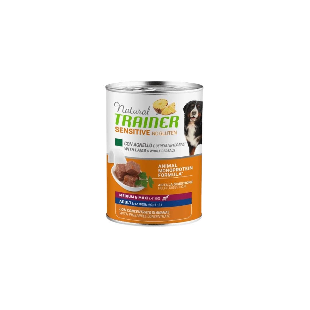 Natural Trainer Umido Cane Adult Sensitive Agnello, alimento completo per cani adulti di tutte le taglie e razze, gusto AGNELLO, monoproteico | 6 scatolette da 400 grammi l’una.