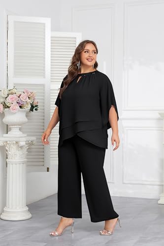 Hanna Nikole Plus Size Women 's Elegant Wedding Chiffon Pant Suit 2 Piece Set Mother of Bride Wear Black 24 Plus