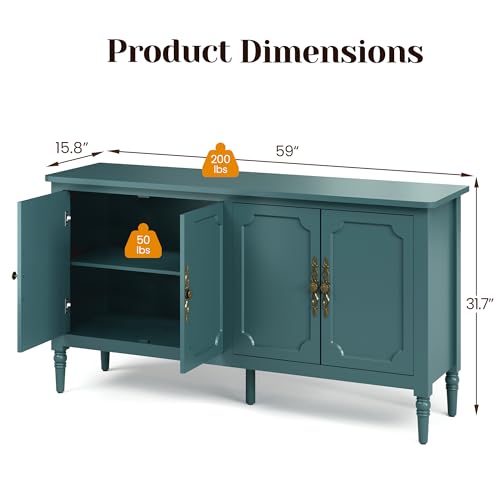 Image of FansaFurn 58 inch Large Sideboard Buffet Cabinet for Living Room | Mid Century Credenza Buffet Table with 4 Doors for Coffee Bar, Storage Cabinet for Dining Room, bedroom, Turquoise Blue
