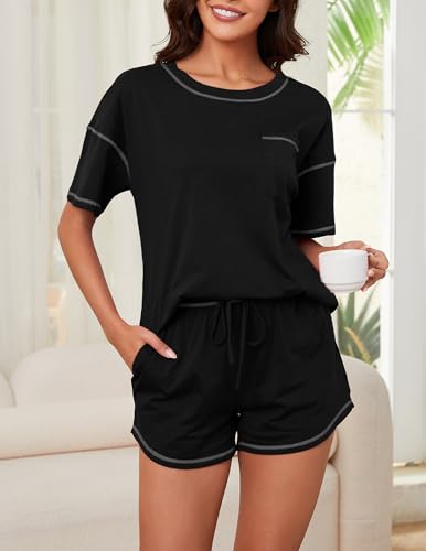 Image of KCW Pajamas for Women Set 2 Piece 100% Cotton Lounge Sets Short Sleeve Top and Shorts Pj Set Sleepwear Outfits
