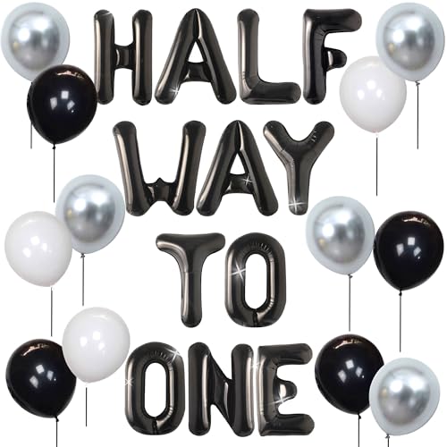 JeVenis Black Silver Halfway to One Balloons 6 Month Decorations 1/2 Birthday Decorations Half Birthday Party Supplies