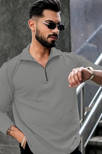 Image of KAJARU Men's Quarter Zip Pullover T-Shirt, Textured Ribbed Long Sleeve, Casual Mock Neck