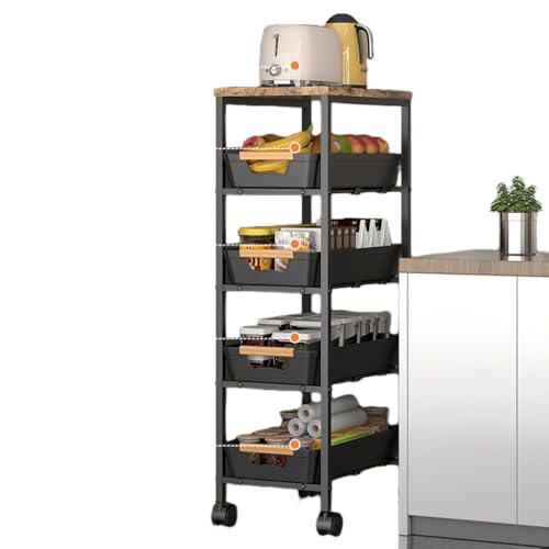 Smedicキャスターと天板付き隙間収納 キッチン収納 隙間カート 家庭用多機能リビングバルコニー収納ラック 床多段引き出し (32*38*81.5,黒)