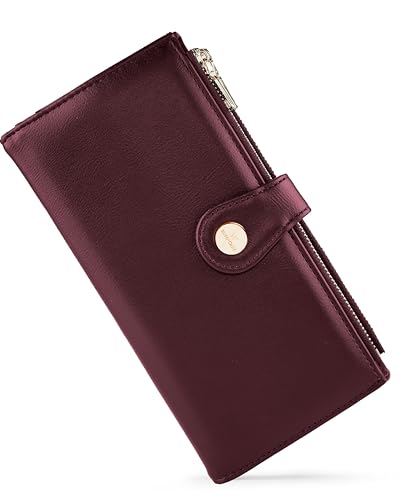 Sunpour Portefeuille fin en cuir avec blocage RFID pour femme, porte-cartes de crédit, portefeuille de voyage avec poche zippée, bordeaux, 7.55